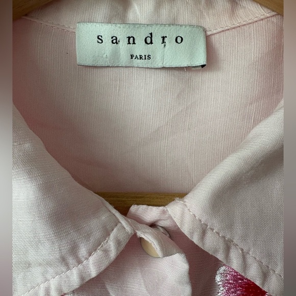 SANDRO Pink Floral Linen Shirt With Embroidery | Size XS - Picture 6 of 10